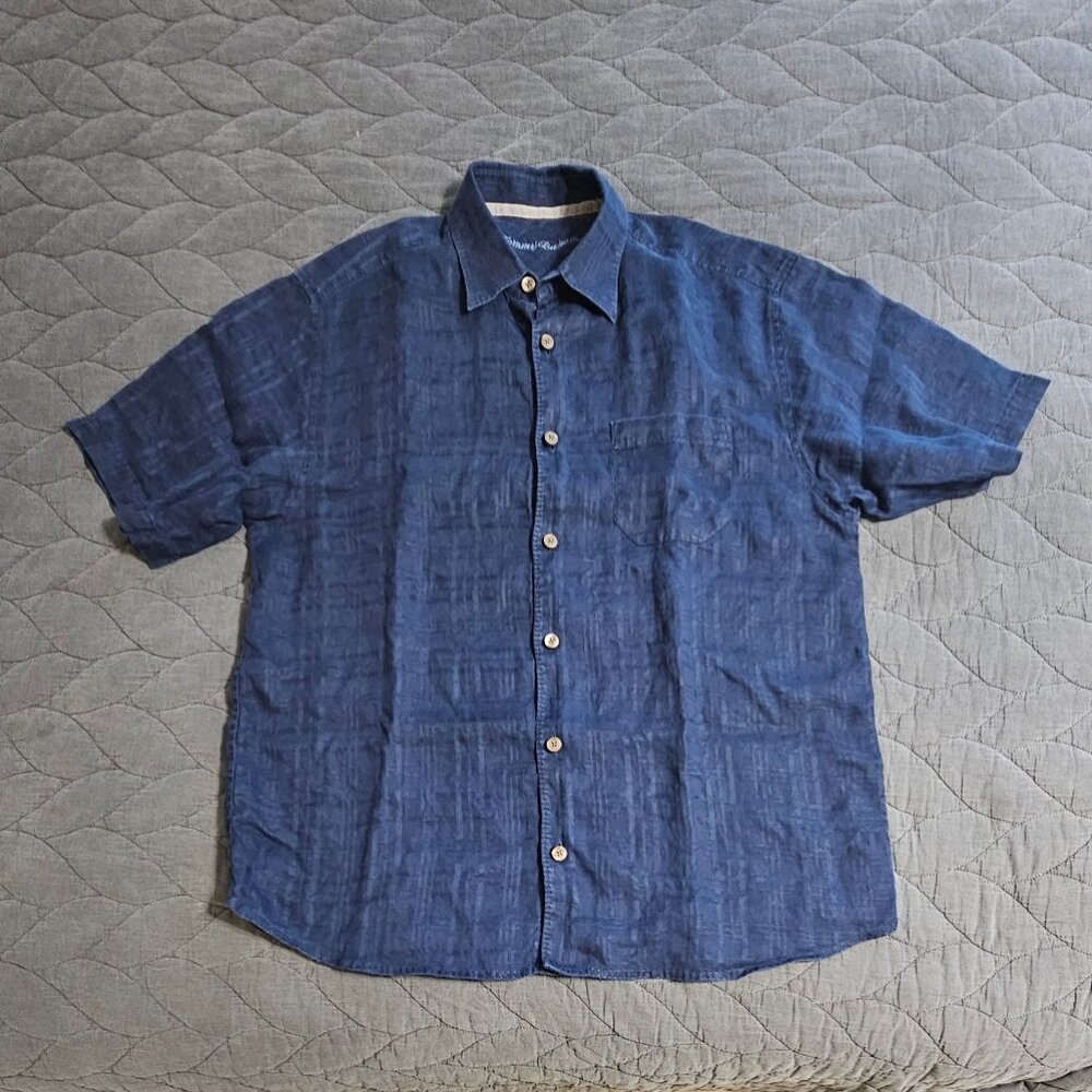 Tiny Bahama M men's navy blue linen shirt windowpane weave